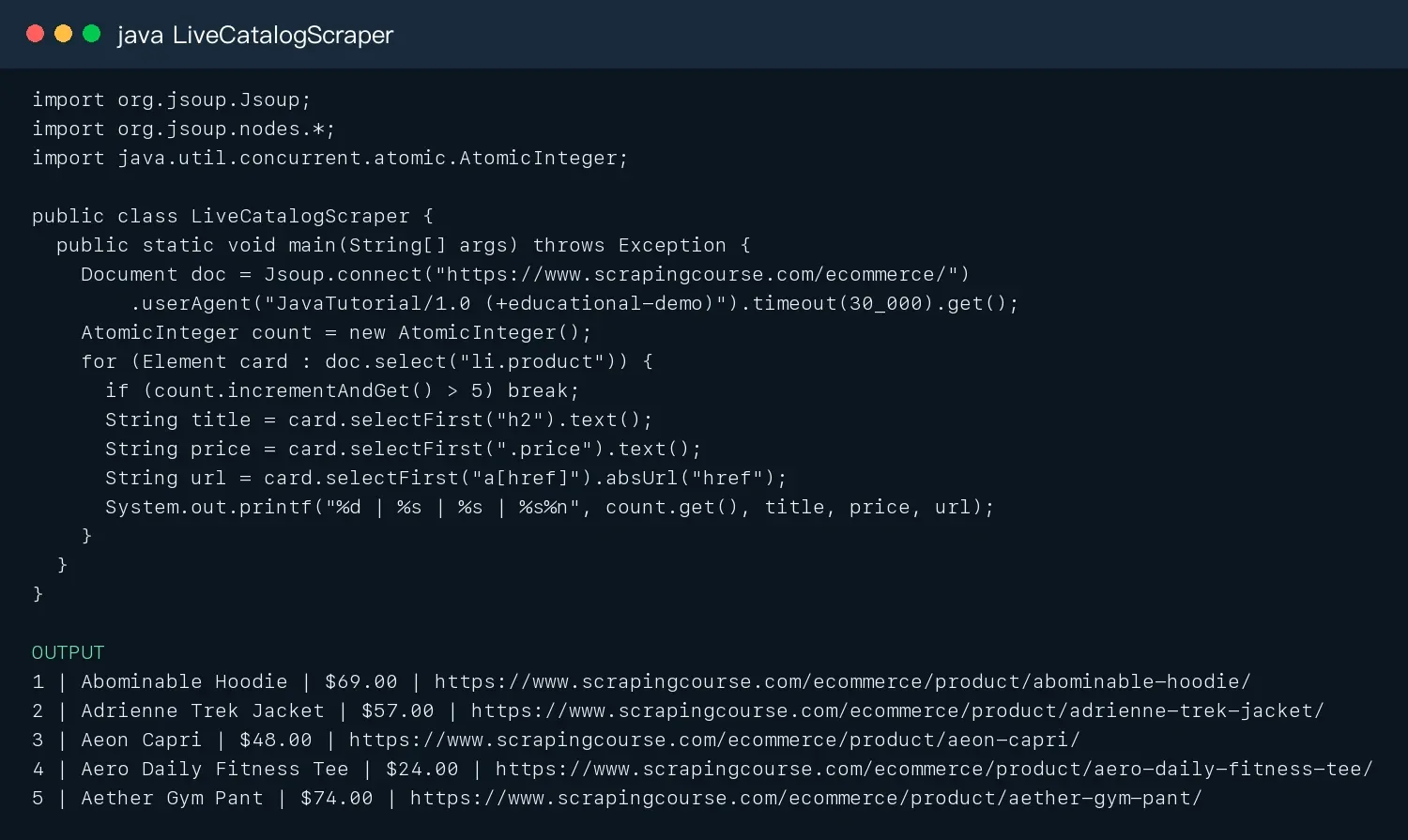 Live Java product-listing scraping result