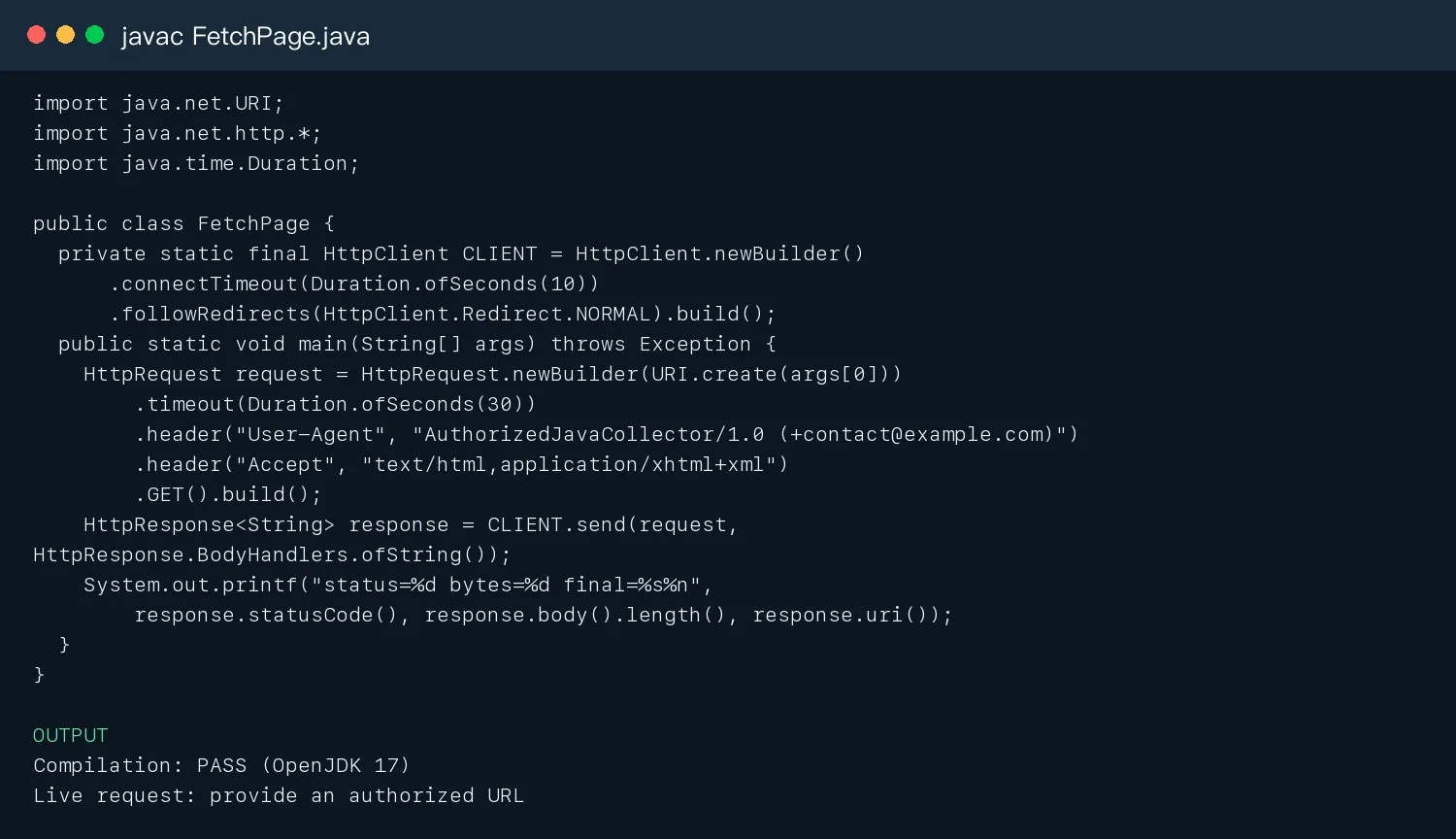 Java HttpClient compilation result