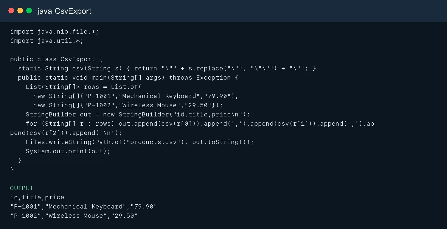 Java CSV export test result