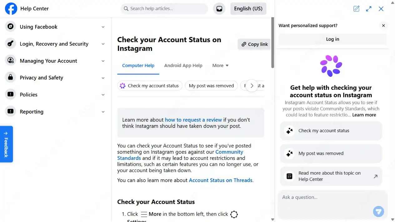 Meta Help Center page for checking Instagram Account Status