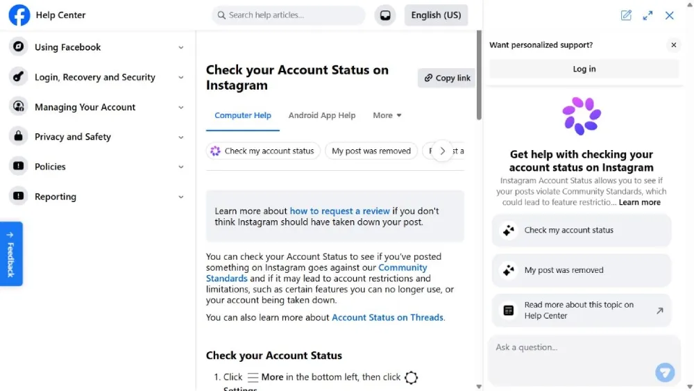 Meta Help Center page explaining Instagram Account Status