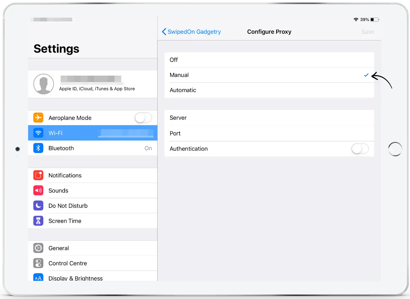 Real iPad Configure Proxy screen with Manual selected and server and port fields visible