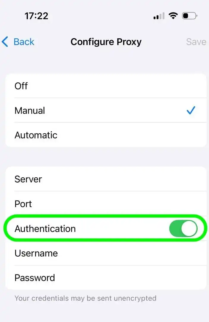 Real iPhone Configure Proxy screen showing Manual mode and authentication fields