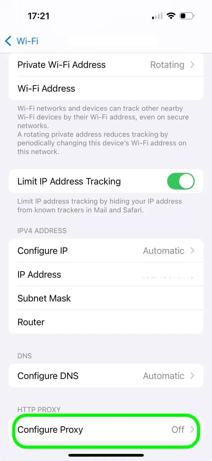 Real iPhone Wi-Fi details screen showing Configure Proxy under HTTP Proxy
