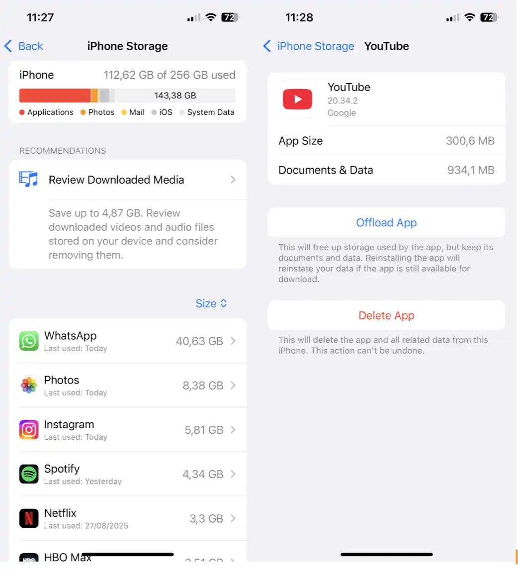 iPhone Storage options to offload or delete the YouTube app