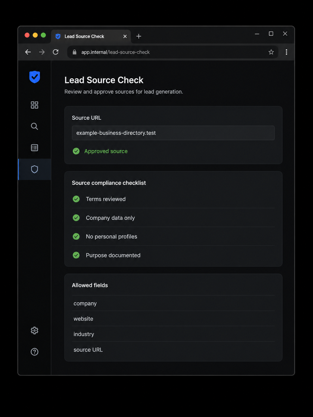 Dark lead source compliance screen showing an approved fictional directory and allowed company fields