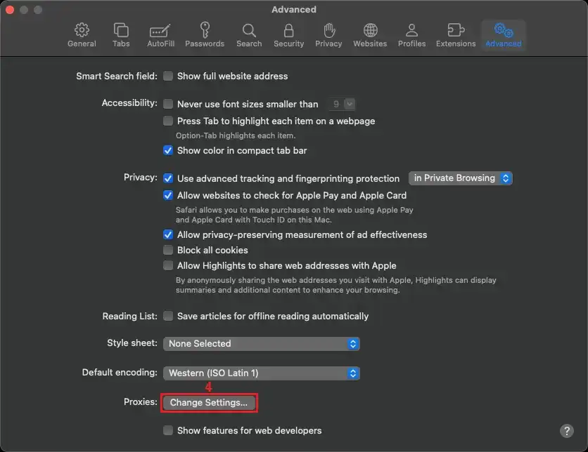 Real Safari Advanced settings screen with the Proxies Change Settings button highlighteds