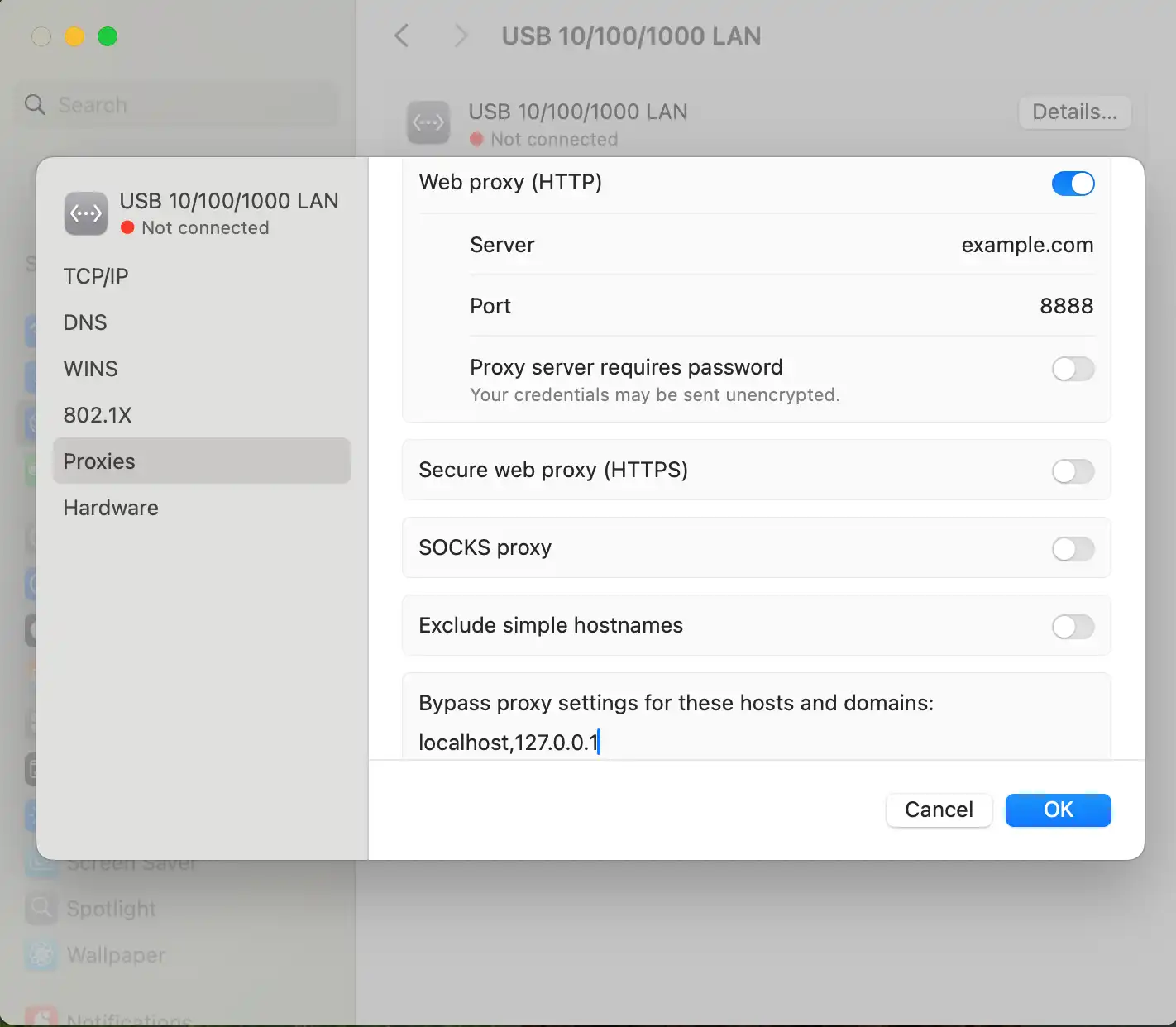 Real macOS HTTP proxy fields for server, port, password, and bypass rules