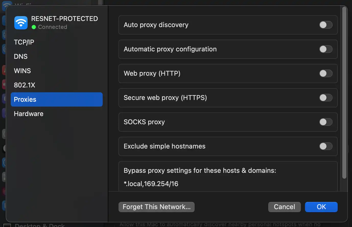 Real macOS Network settings screen showing the Proxies panel