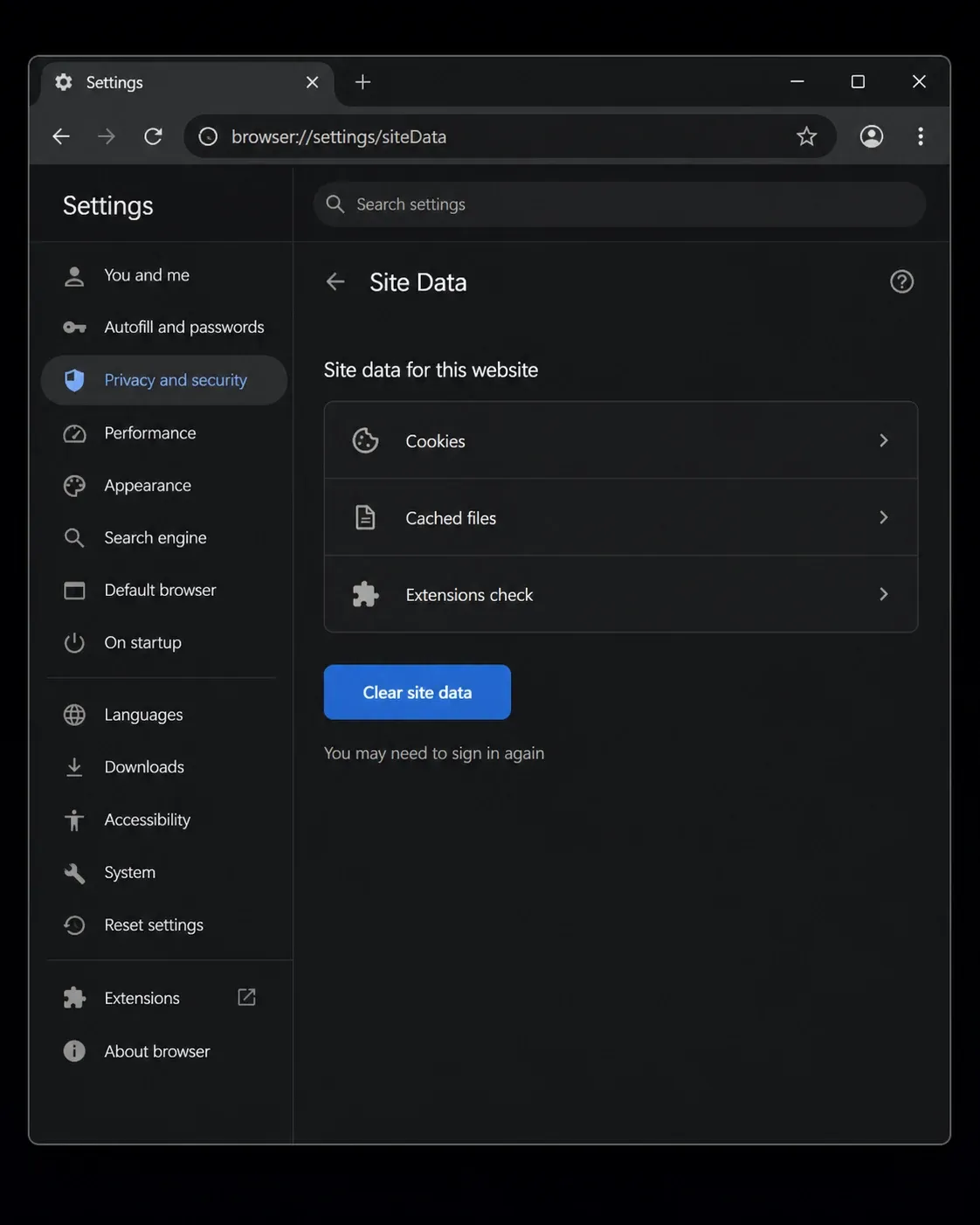 Illustrative dark browser settings screen showing site data, cached files, and an extensions check