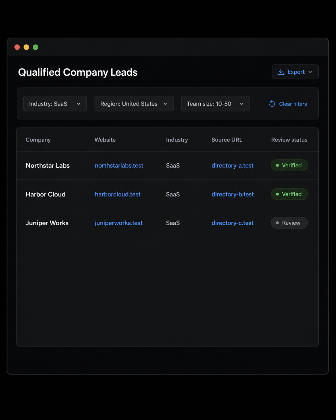 Dark qualified-company lead dashboard showing fictional business records, sources, and review status