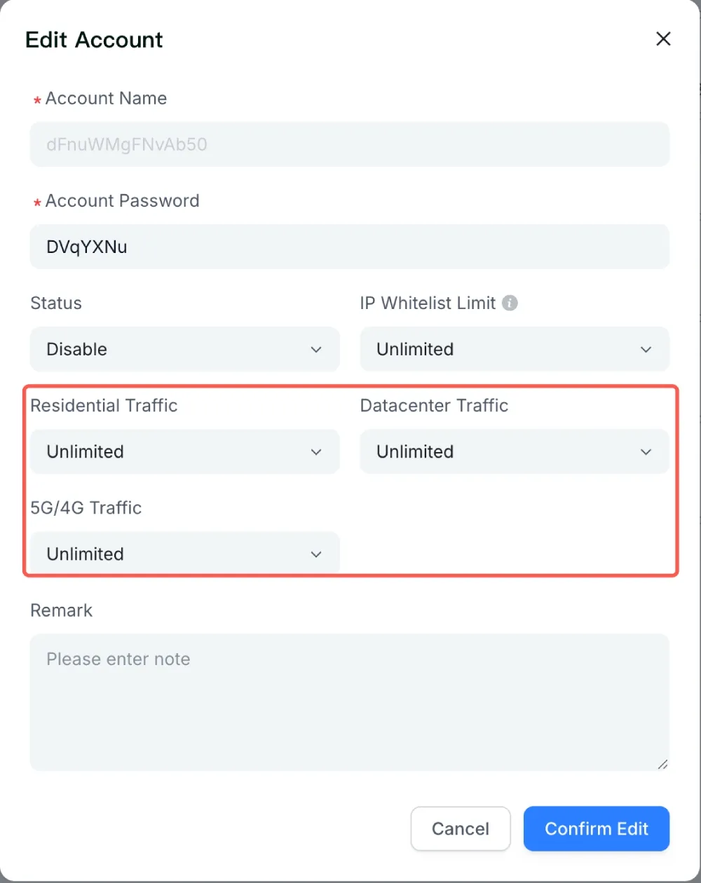 Rola account traffic quota controls screenshot