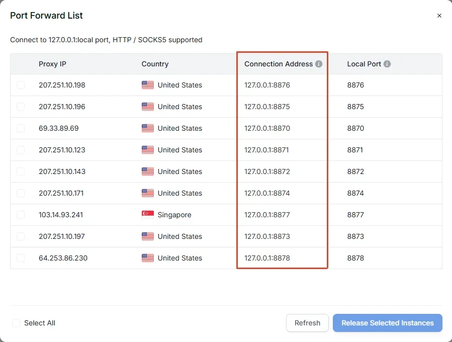 Rola Connect Port Forward List showing local connection addresses and ports