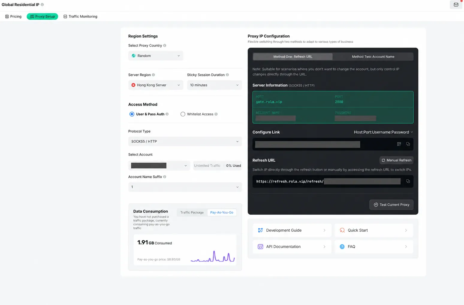Rola IP Proxy Setup panel with account and password values redacted