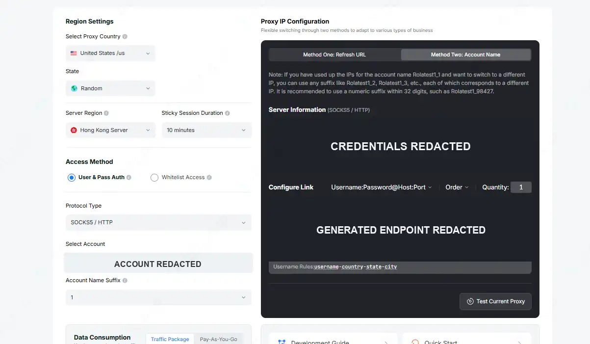 ROLA IP country and sticky-session settings with account credentials and generated endpoint redacted