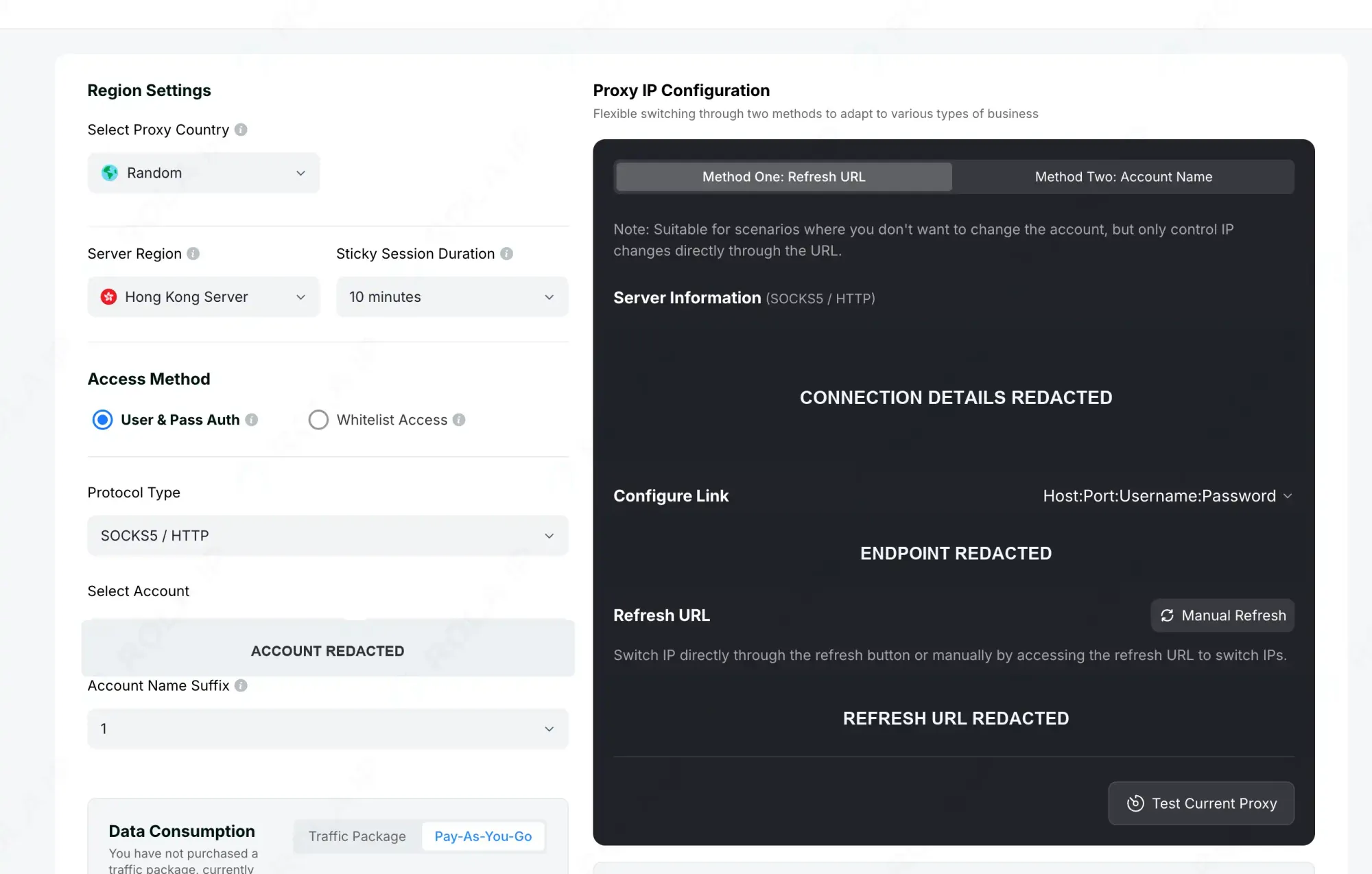 ROLA IP proxy setup screen showing region, sticky-session duration, authentication method, protocol, and redacted connection fields