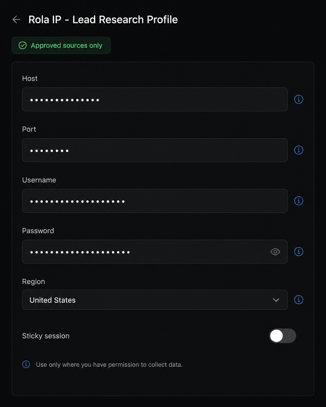Dark Rola IP lead-research profile screen with redacted fields, region selection, and approved-sources notice