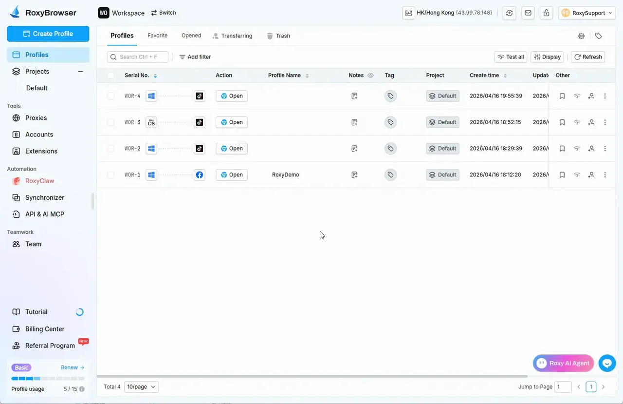 RoxyBrowser profile dashboard with separate profiles