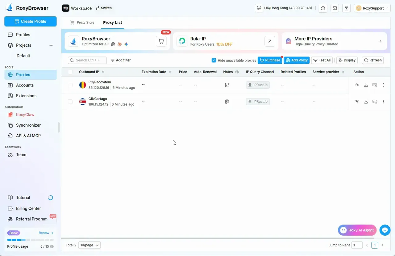 RoxyBrowser Proxy List with a Rola IP card and Add Proxy controls