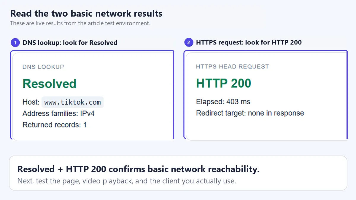 Cropped Windows network diagnostic showing DNS status Resolved and HTTPS status HTTP 200 in two numbered panels