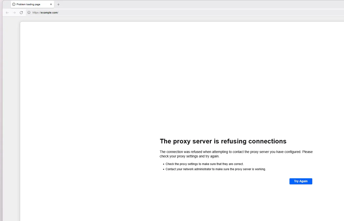 Tor Browser error page stating that the proxy server is refusing connections