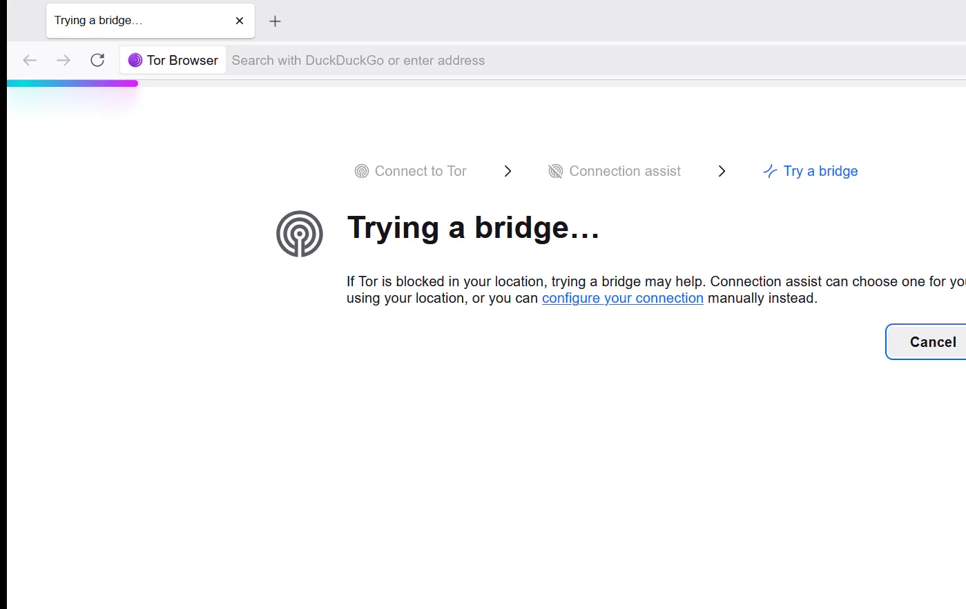 Tor Browser trying a bridge through Connection Assist
