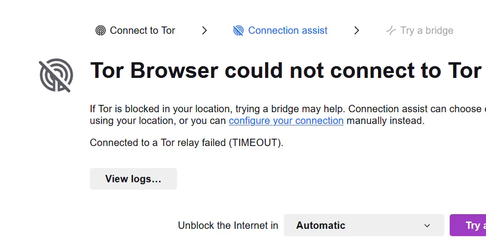 Tor Browser connection timeout screen with the View logs button