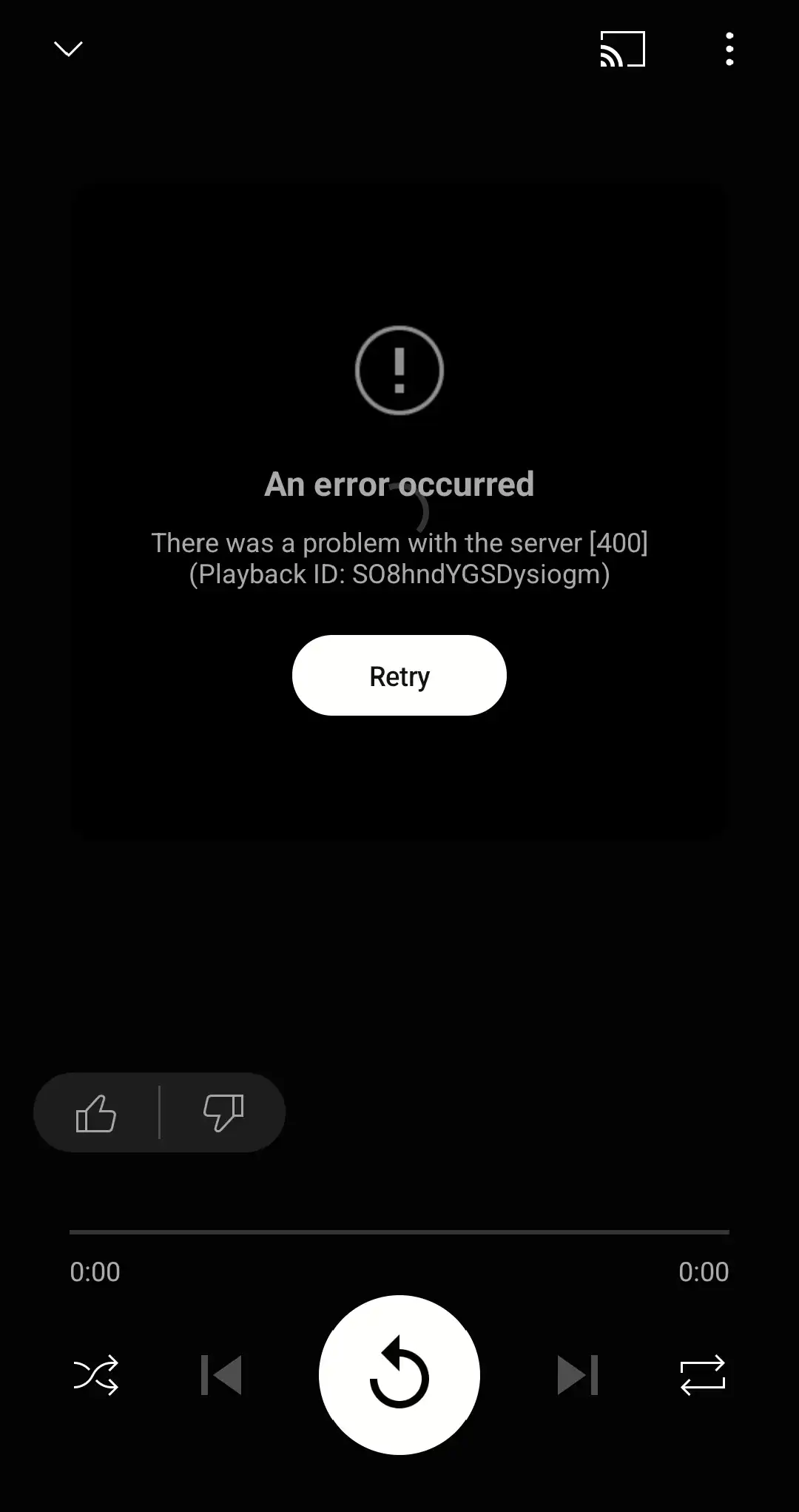 YouTube Music displaying There was a problem with the server 400