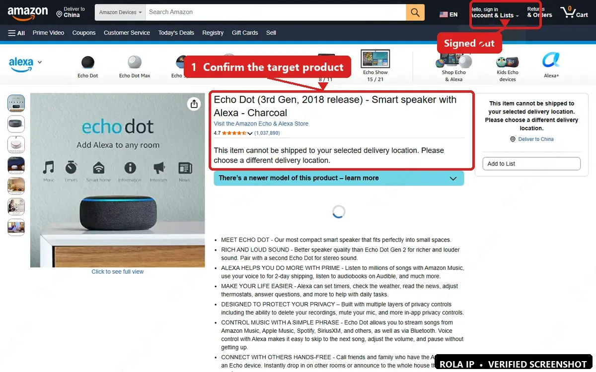 Amazon product page with the signed-out state and target product marked
