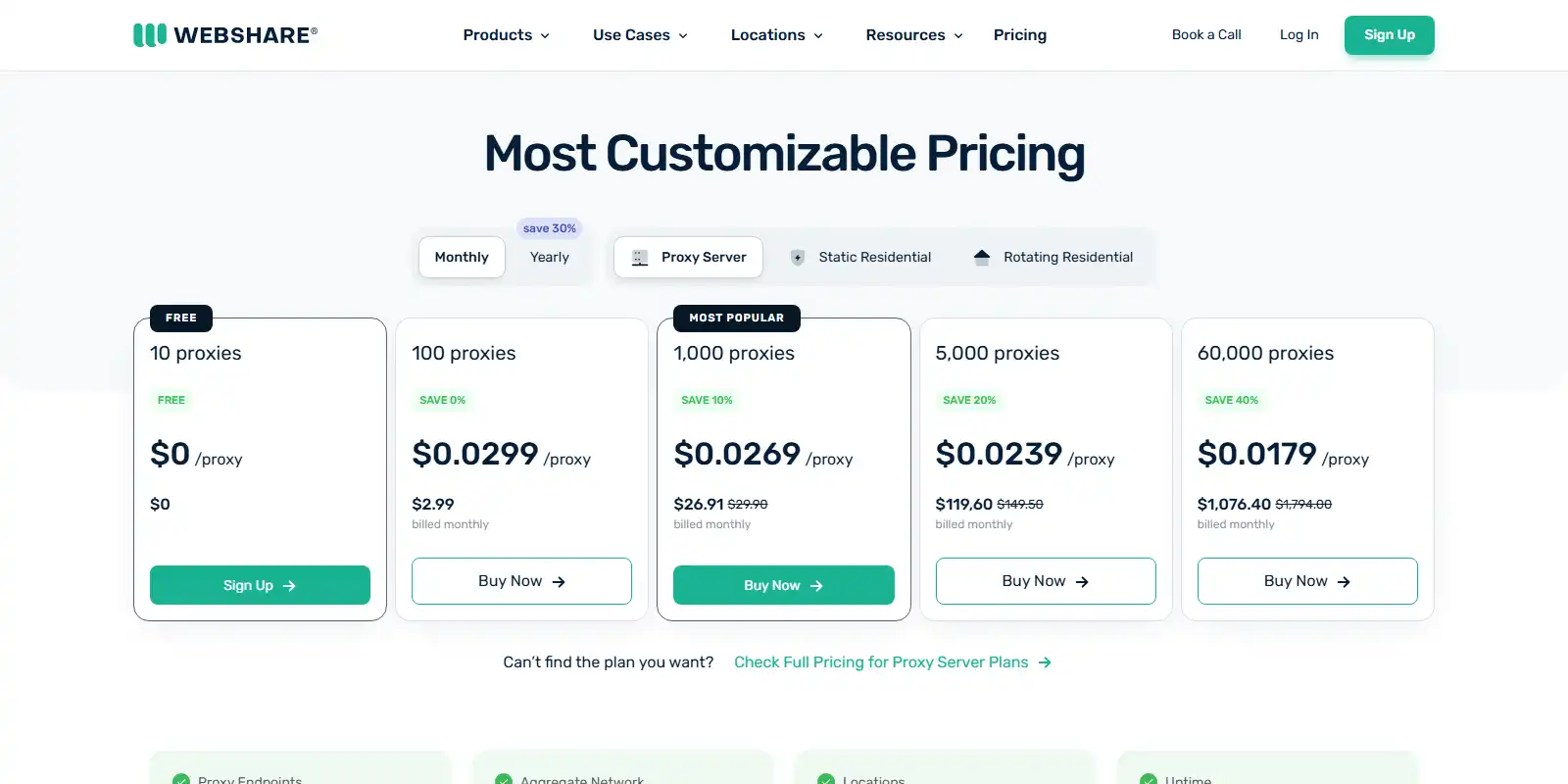 Webshare official pricing page showing proxy product and billing selectors