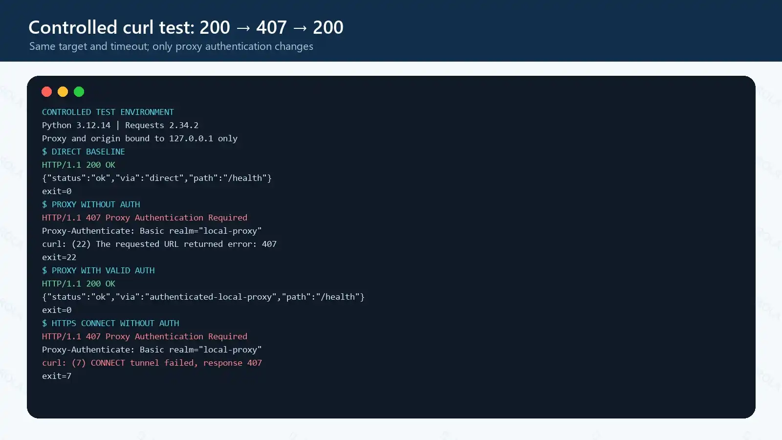 Real curl output showing direct 200, no-auth 407, valid-auth 200, and CONNECT 407