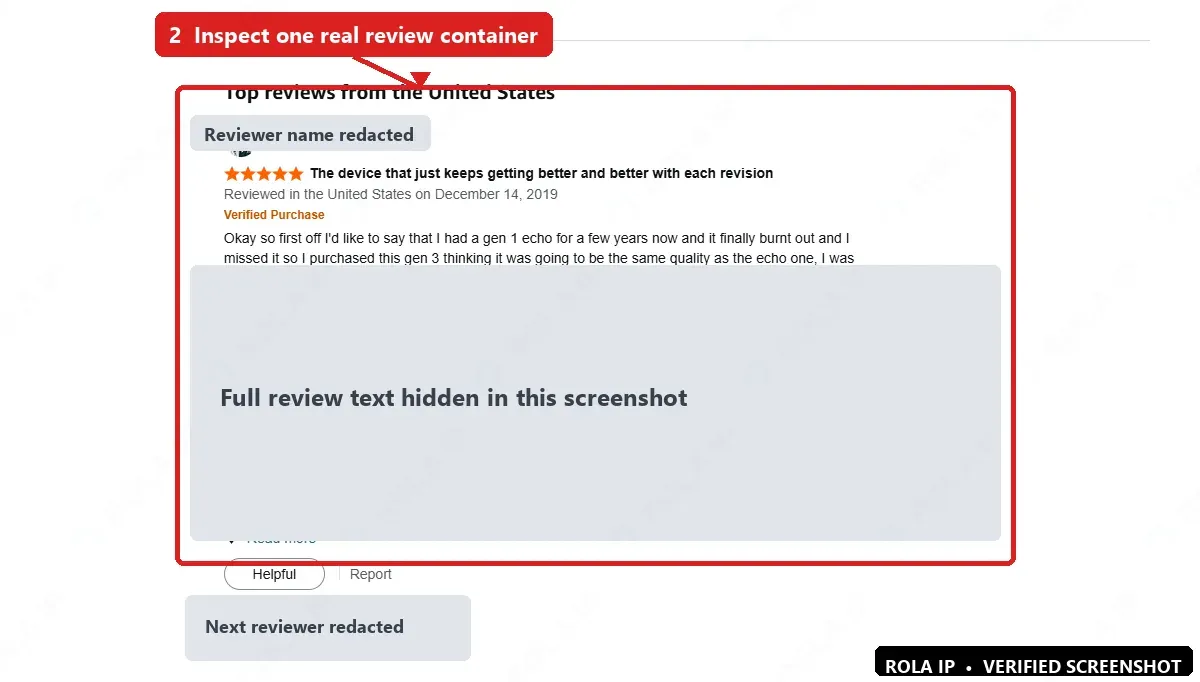 Amazon review card with its container boundary marked and reviewer names covered