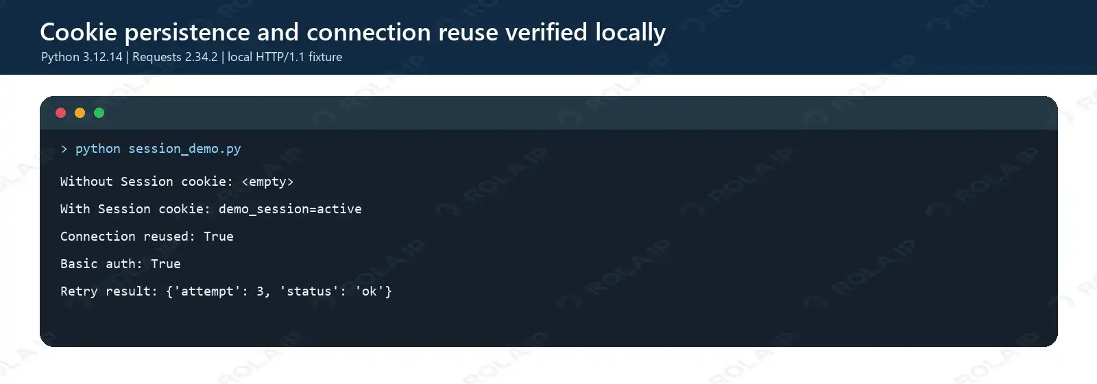 A tested Requests Session preserving a cookie and reusing a local HTTP connection