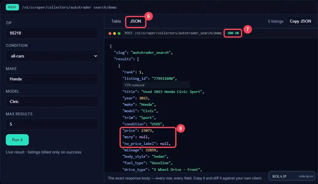 Autotrader demo JSON showing HTTP 200, price 23073, and null MSRP and price-label fields