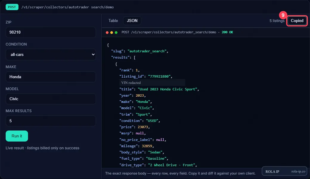 Copy JSON control displaying Copied in the Autotrader demo
