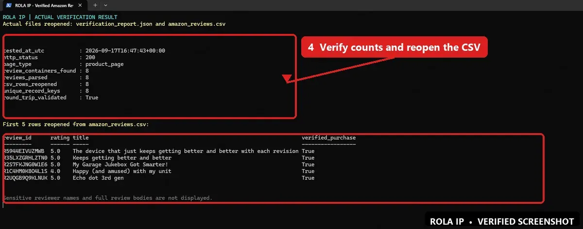 PowerShell showing reopened CSV rows and export validation counts