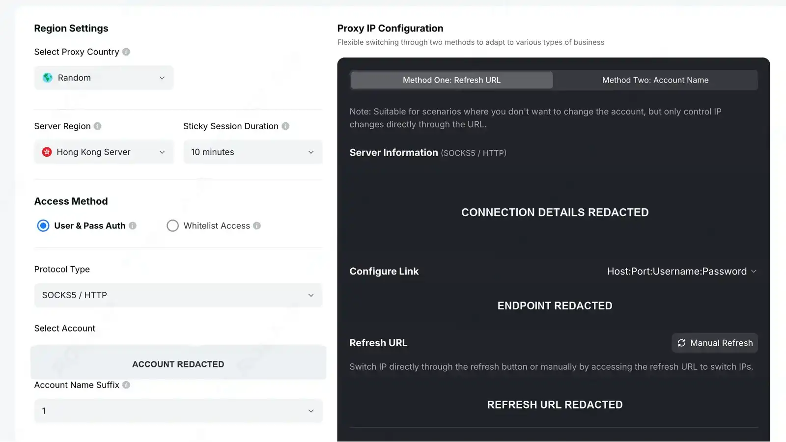 Redacted ROLA IP dashboard showing authentication method, protocol, session, and account fields