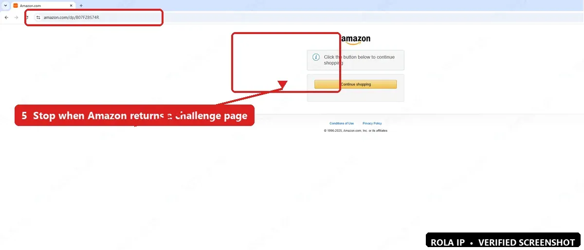 Amazon Continue Shopping challenge displayed instead of the requested product page