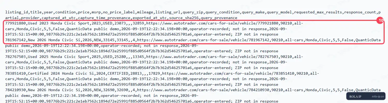 Historical CSV export with query labels, capture-time provenance, and a source hash
