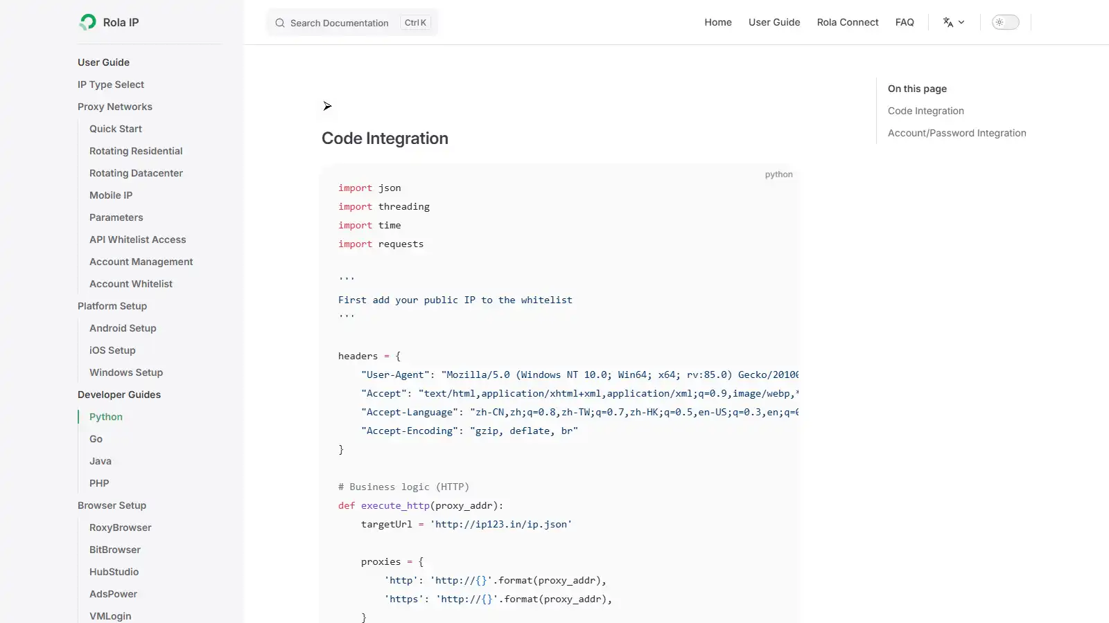 Rola IP Python proxy integration documentation