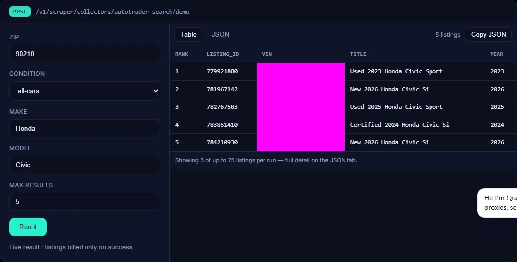 September 20 public demo response showing five listing IDs with the VIN column masked