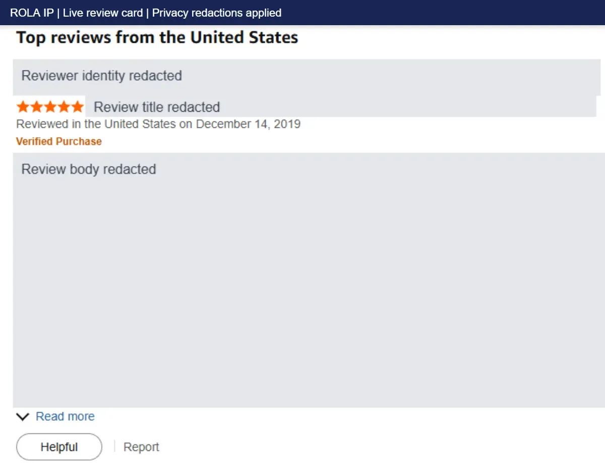 One review card from the current live run with identity, title, and body text redacted