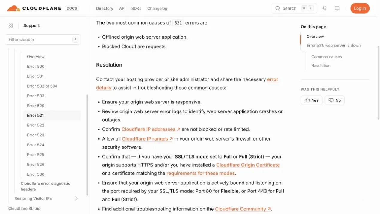 Cloudflare文档列出的521常见原因及源站修复检查项