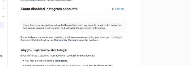 Instagram Help Center explaining disabled accounts
