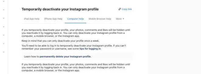 Instagram Help Center explaining temporary profile deactivation