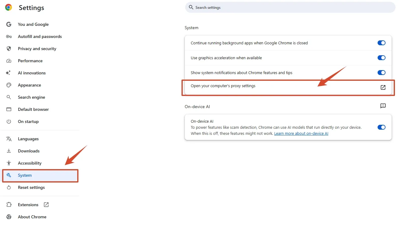 Chrome System settings with System and Open your computer's proxy settings highlighted