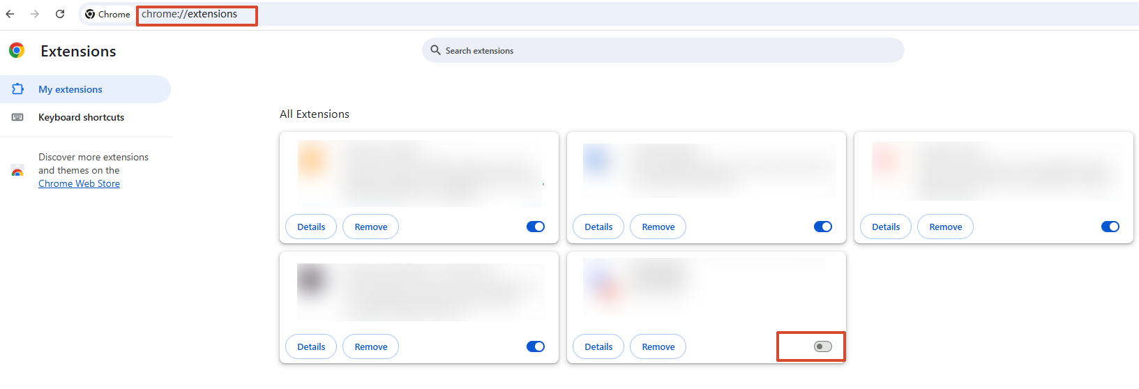 Figure 4A. Chrome Extensions page with one extension toggle switched off
