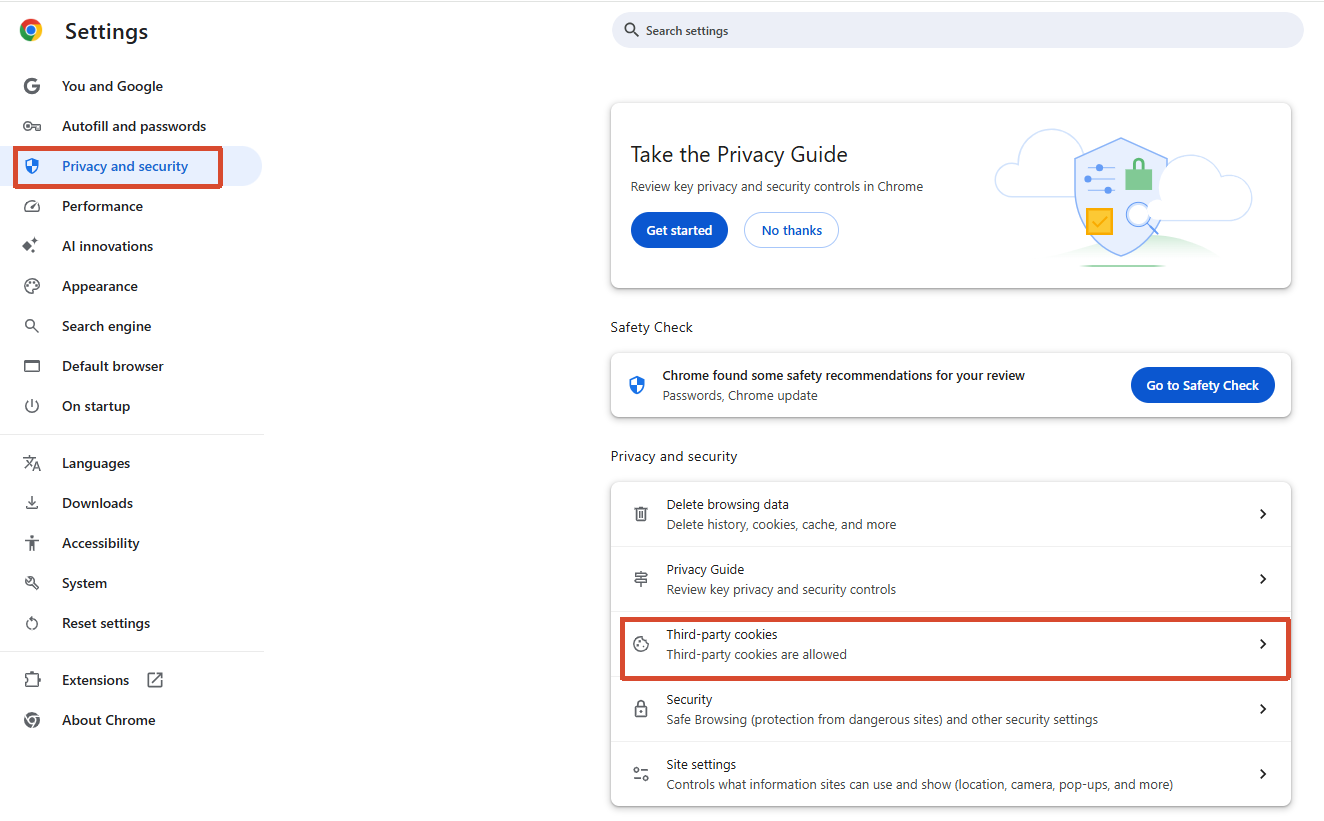 Figure 4B. Chrome Privacy and security settings with Third-party cookies highlighted