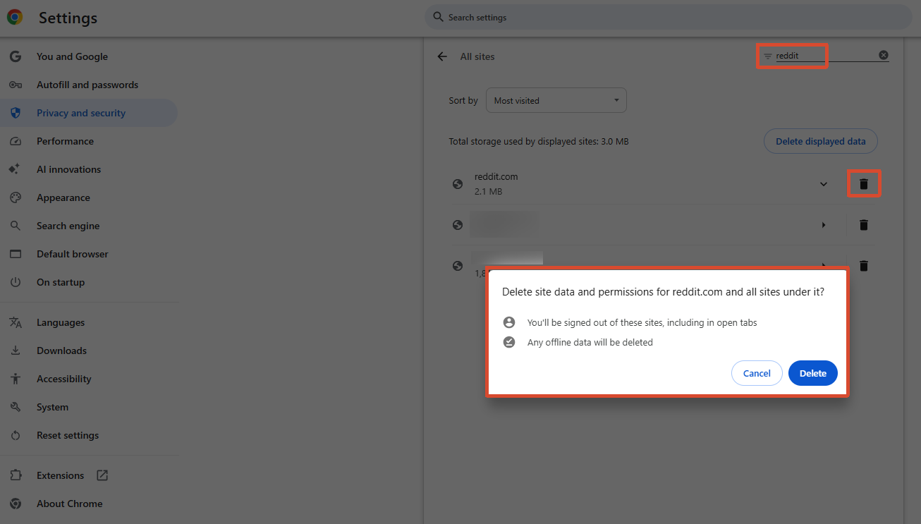 Figure 4C. Chrome site data filtered by reddit with the deletion confirmation for reddit.com openg