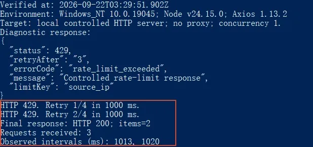 Actual local Axios run showing 429 diagnostic fields, two one-second retries, and a final HTTP 200 response with two items